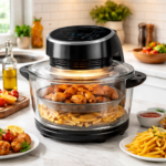 Air fryer cooking crispy chicken wings and fries, with fresh ingredients and sauces on a kitchen countertop, showcasing modern kitchen appliances.
