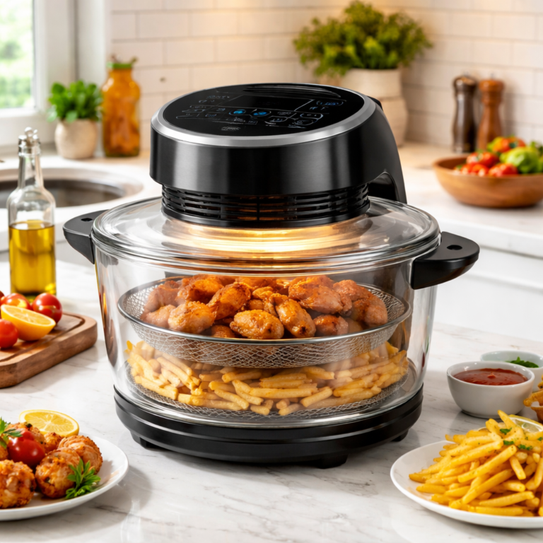 Air fryer cooking crispy chicken wings and fries, with fresh ingredients and sauces on a kitchen countertop, showcasing modern kitchen appliances.