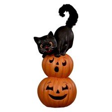 Bethany Lowe Halloween Small Pumpkin Stack Black Cat Figurine TL5366