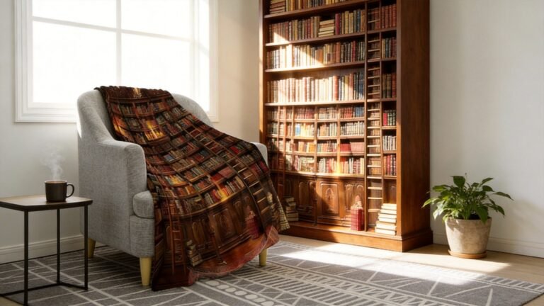 Cozy reading nook featuring a plush chair, a book-themed blanket, a steaming coffee cup, and a wooden bookshelf filled with colorful books.