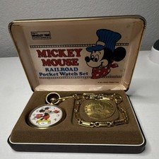Bradley Time Mickey Mouse Railroad Pocket Watch Set Disney Collectible