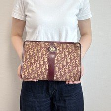 Christian Dior Vintage Trotter Pattern Clutch Bag Pouch Bordeaux Red
