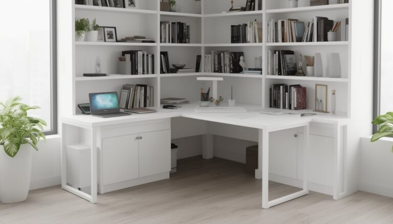 Modern white corner desk setup with a laptop, bookshelves, and decorative plants, ideal for a stylish home office or study space.