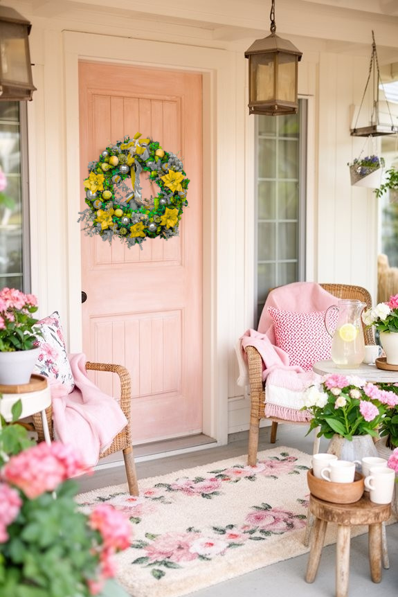 Charming porch featuring a pink door adorned with a floral wreath, cozy seating, and vibrant potted plants, perfect for spring decor inspiration.