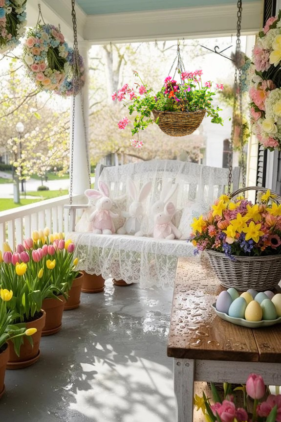 Charming spring porch featuring pastel tulips, colorful flowers, plush bunny decorations, and a cozy swing, perfect for seasonal decor inspiration.