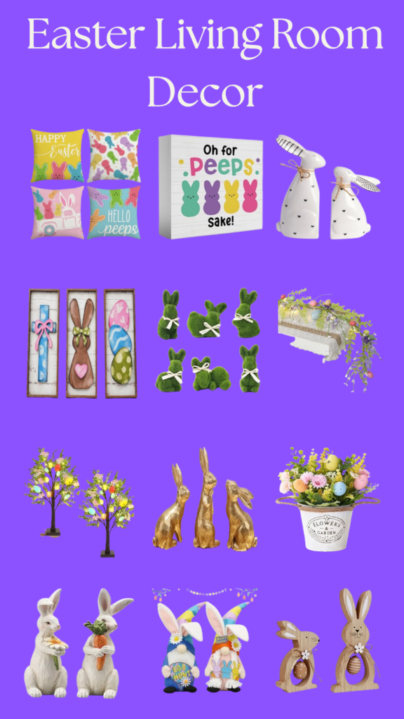 Colorful Easter living room decor featuring bunny figurines, decorative pillows, floral arrangements, and festive signs for a cheerful holiday atmosphere.