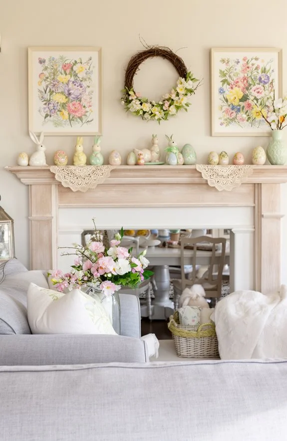 Cozy living room with floral decorations, pastel-colored Easter ornaments on a mantel, and a beautiful flower arrangement on a sofa.