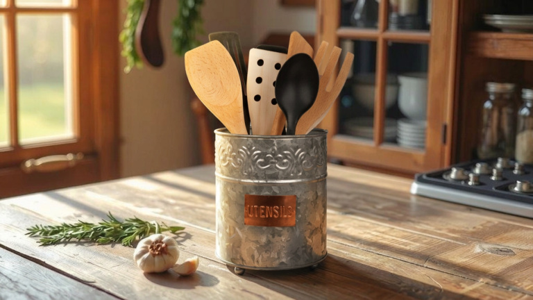 Metal container filled with wooden cooking utensils, including spatulas and spoons, on a rustic kitchen table with garlic and herbs in natural light.