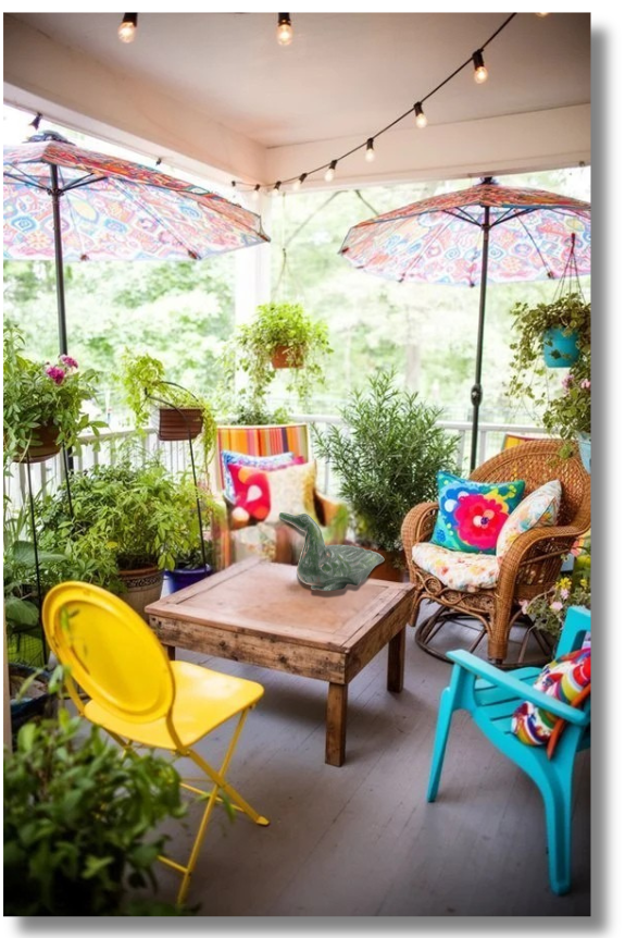 Cozy outdoor seating area with colorful chairs, vibrant cushions, and decorative umbrellas surrounded by lush greenery and fairy lights for ambiance.