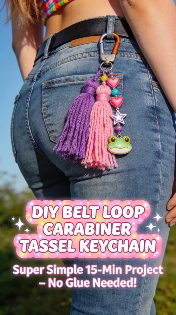 Colorful DIY carabiner tassel keychain attached to a belt loop, showcasing a fun, creative accessory idea for quick crafting projects.