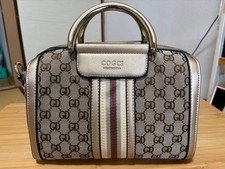 GUCCI GG Sherry Line Shoulder Hand Bag Ziplock Leather Canvas Brown Gold Japan