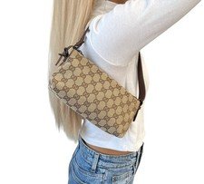 GUCCI Vintage GG Monogram Logo Mini Shoulder Bag Beige Brown Canvas Leather
