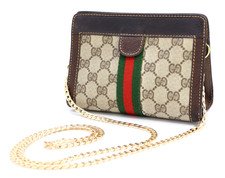 GUCCI VINTAGE GG Supreme Shoulder Bag Chain Strap Brown Compact Authentic