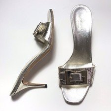 Gucci Y2K Vintage Silver GG Embossed Leather Buckle Mule Stiletto Sandals 8.5