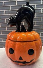 Halloween Black Cat Pumpkin Cookie Jar 11” Place & Time
