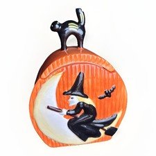 Halloween Witch Moon Silhouette Black Cat Lid Cookie Jar Cracker Barrel