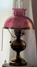 Late 1800s/20th Century brass Electric Converted oil lamp With Crackle Shade