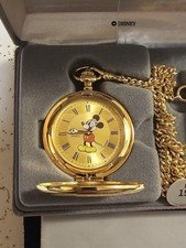Mickey Mouse Disney Pulsar Quartz Pocket Watch w/knife Gold tone Set Never Used!