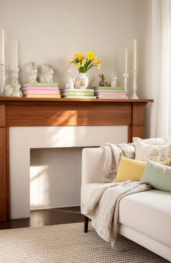 Cozy living room featuring a wooden mantel, decorative bunnies, colorful books, and fresh flowers, creating a warm and inviting atmosphere.