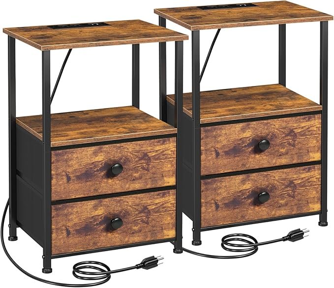 Stylish industrial nightstands with wooden tops and metal frames, featuring two drawers and built-in power outlets for convenient charging.