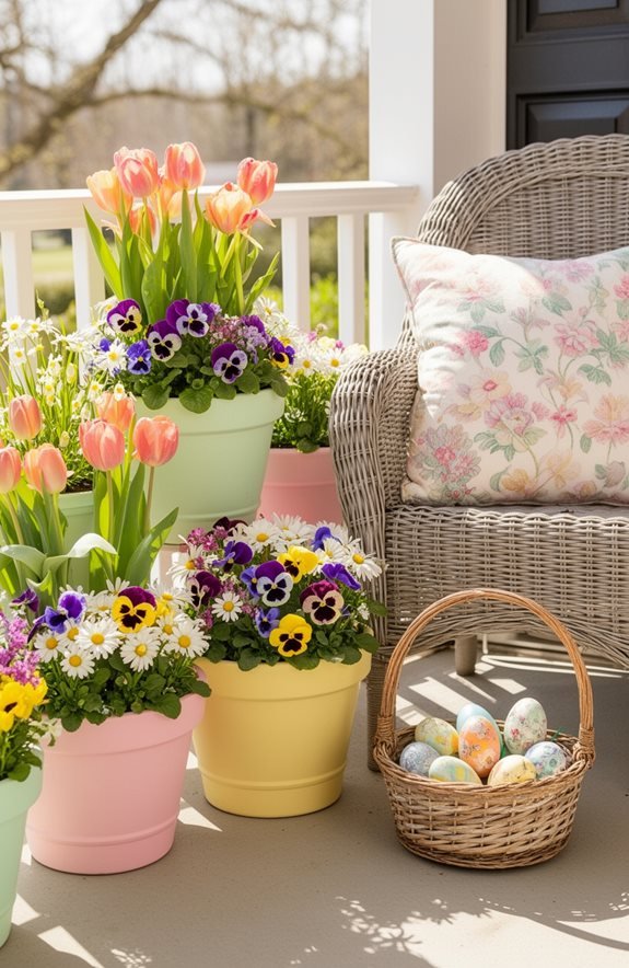 pastel planters with spring blooms