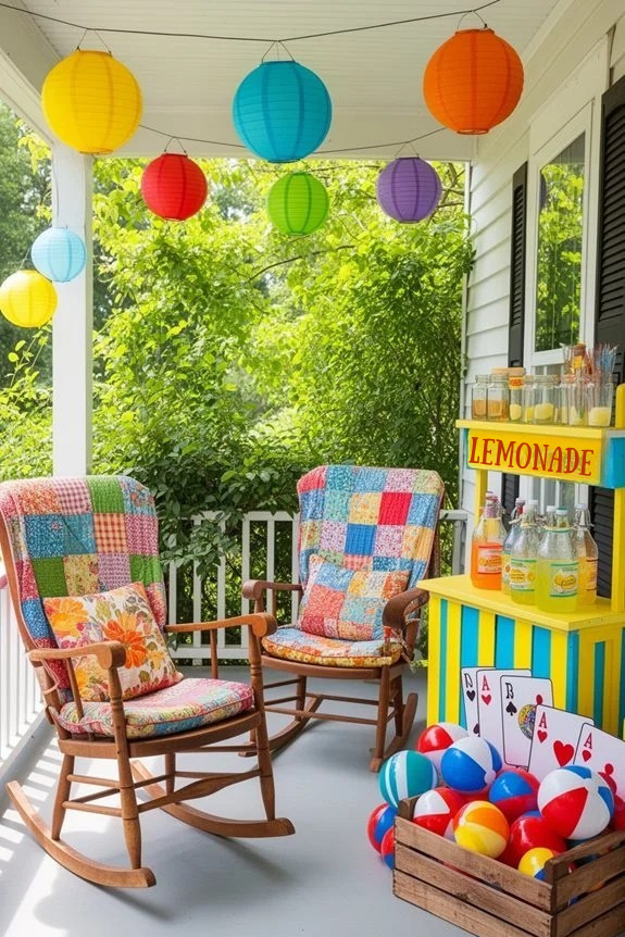 Colorful porch with rocking chairs, decorative lanterns, a lemonade stand, and a basket of beach balls, perfect for summer gatherings and relaxation.