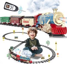 Remote Control Christmas Train Set with Lights Sounds Smoke for Kids Tree Decor