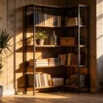 Cozy interior featuring a corner bookshelf filled with books, a potted plant, and warm sunlight illuminating rustic wooden walls and floors.