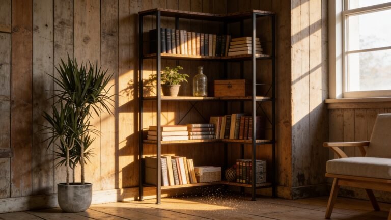 Cozy interior featuring a corner bookshelf filled with books, a potted plant, and warm sunlight illuminating rustic wooden walls and floors.