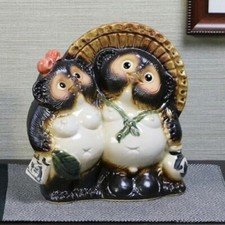 Shigaraki Couple Tanuki Pottery Pair Raccoon Dog Japanese Good Luck Statue NEW