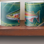 Colorful fish-themed mugs featuring a detailed illustration of a rainbow trout, perfect for fishing enthusiasts or as unique kitchen decor.
