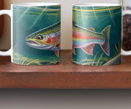 Colorful fish-themed mugs featuring a detailed illustration of a rainbow trout, perfect for fishing enthusiasts or as unique kitchen decor.