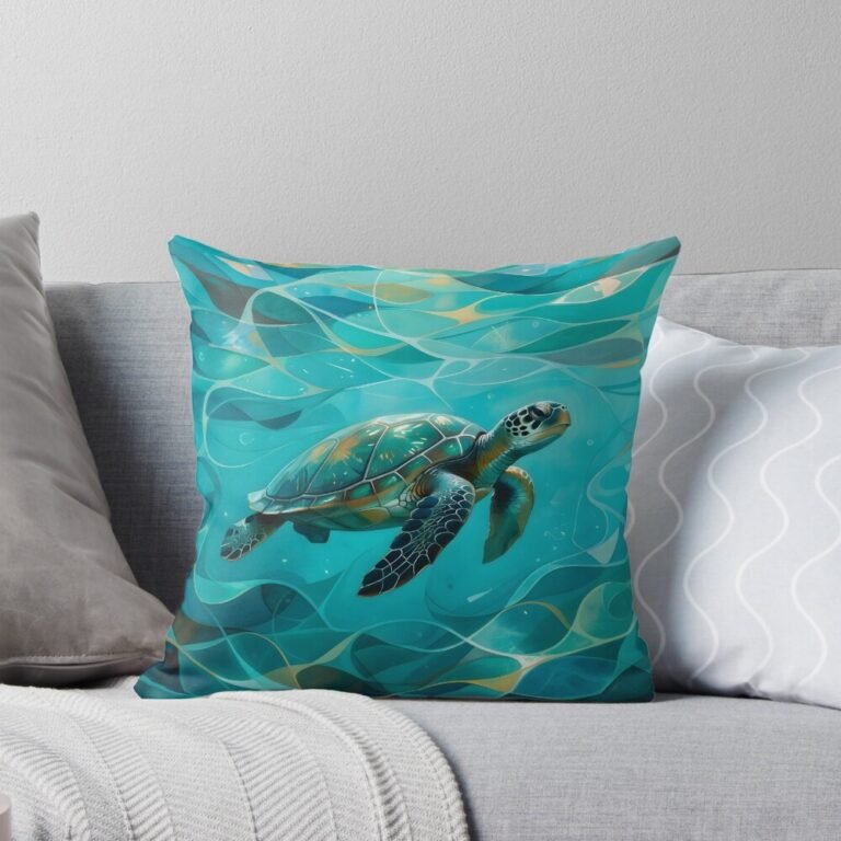 Colorful turtle design on a decorative pillow, featuring aquatic waves in vibrant shades of blue and green, perfect for ocean-themed home decor.