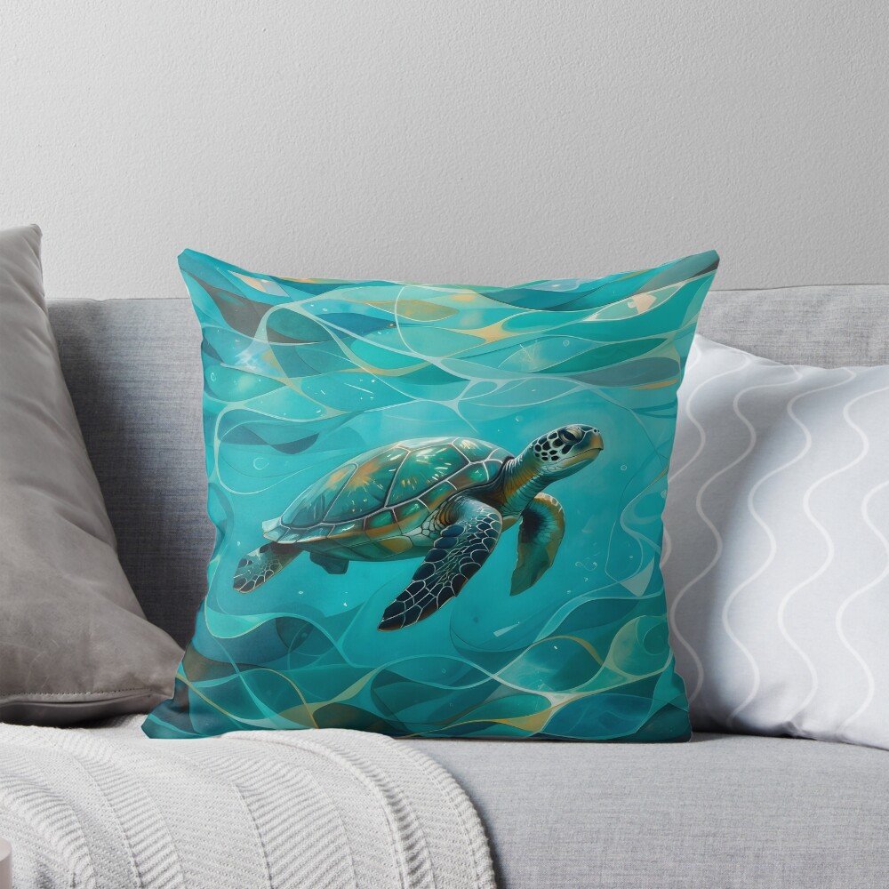 Colorful turtle design on a decorative pillow, featuring aquatic waves in vibrant shades of blue and green, perfect for ocean-themed home decor.