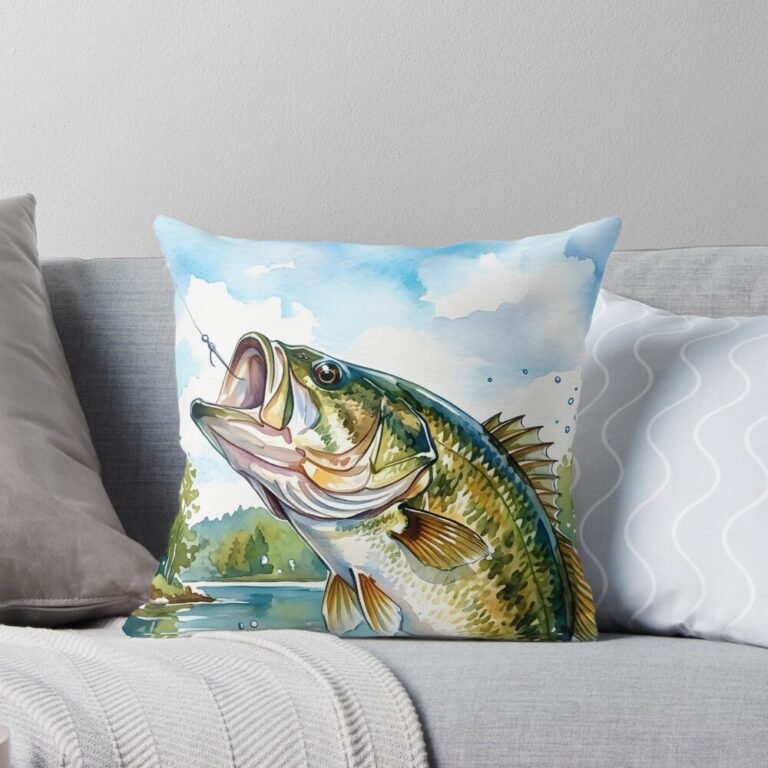 Vibrant illustration of a bass fish jumping out of water, featured on a decorative pillow, perfect for fishing enthusiasts and home decor.