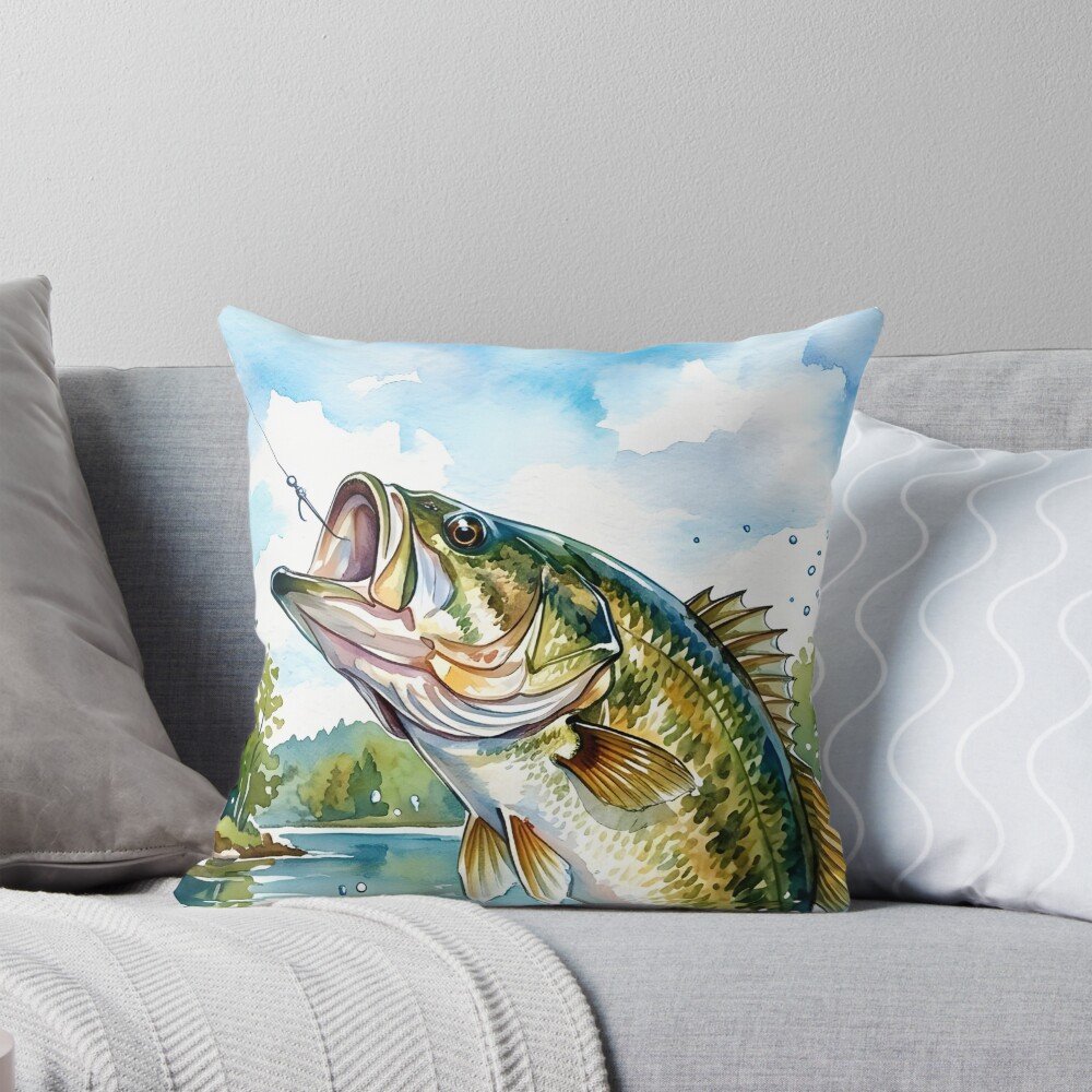 Vibrant illustration of a bass fish jumping out of water, featured on a decorative pillow, perfect for fishing enthusiasts and home decor.