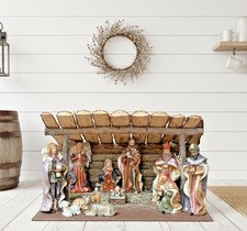 Vintage (11) Piece Porcelain Nativity Set With Large Hay Covered Wooden Stable