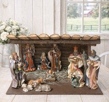 Vintage (11) Piece Porcelain Nativity Set With Large Hay Covered Wooden Stable