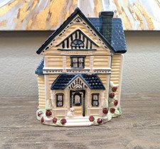 Vintage 1998 Cracker Barrel Ceramic House Cookie Jar Canister Blue Roof