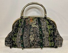 Vintage Chimaki Japanese Purse Handmade Green Black & Gold Lace, Beads, Ruffles