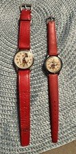 Vintage Disney Watches Mickey & Minnie, Red Faux Leather Bands, Missing Winders