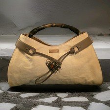 Vintage Gucci Bamboo Handle Canvas Shoulder Bag 109136 Cream Brown Tom Ford Era
