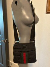 Vintage Gucci Cloth Crossbody bag GG Black/red/green 8X9X1 21" adjustable strap