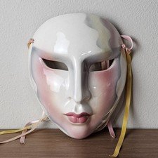 Vintage Hand Painted Porcelain Clay Art Pastel Mask Wall Hanging Masquerade Mask