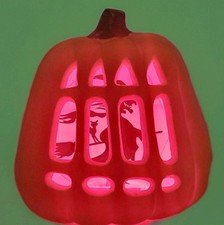 Vintage Light Up Halloween 11" Foam Blow Mold Pumpkin W Witch Silhouette Inside
