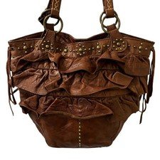Vintage TAMBU Ruffle Studded Bohemian Leather Shoulder Bag in Cognac Brown JAPAN