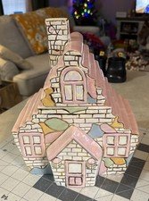 Vtg 1970’s Pink CHRISTMAS THEMED House Cookie Jar 10" Tall Gold Accents