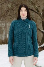 Women's Aran Cable Side Zip Cardigan - Teal (ML136-107)