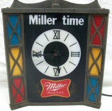 Working Vintage (1970's) "Miller Time" Lighted Clock, Beer Sign, Faux Glass, Bar