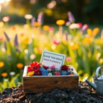 Colorful wildflowers in a wooden box promote the message "Save the Bees," with a watering can nearby in a sunlit garden setting.